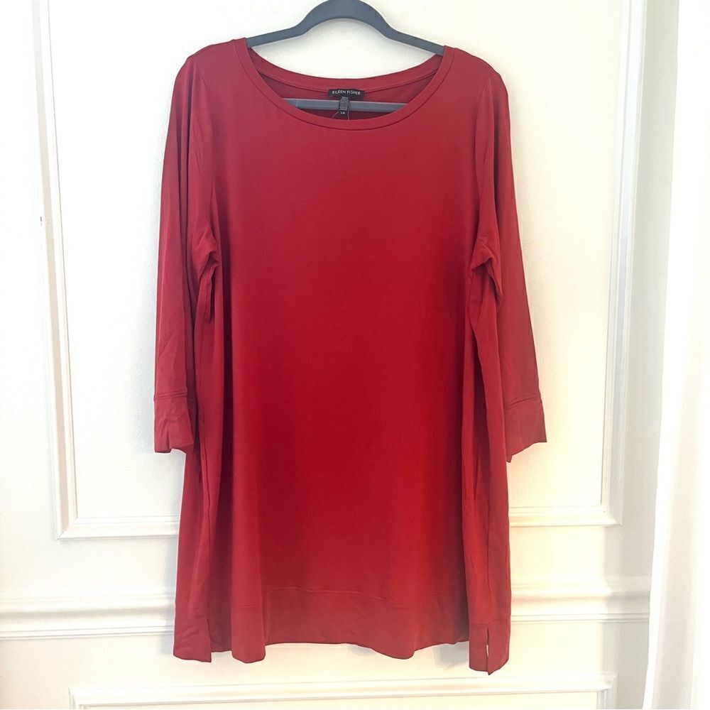 Eileen Fisher Jersey Knit 3/4 Sleeve Tunic Top, Size Large, DARK orange/Red NWT